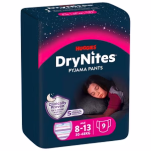 Scutece chilotel pentru noapte Huggies DryNites 8-13 yrs, Girl, 30-48 kg, 9 buc