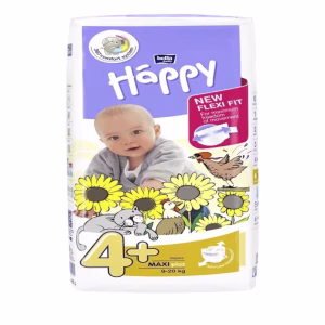 Scutece Happy Maxi Plus 4+, cu aripioare laterale flexibile, permit pielii sa respire, unisex, 9-20 kg, 62 buc