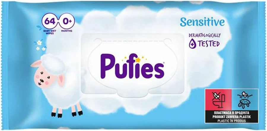 Servetele umede pentru bebelusi Sensitive, 64 bucati, Pufies