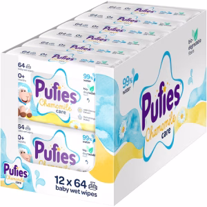 Servetele umede pentru bebelusi Pufies Chamomile Care, 99% Apa, 12x64 bucati
